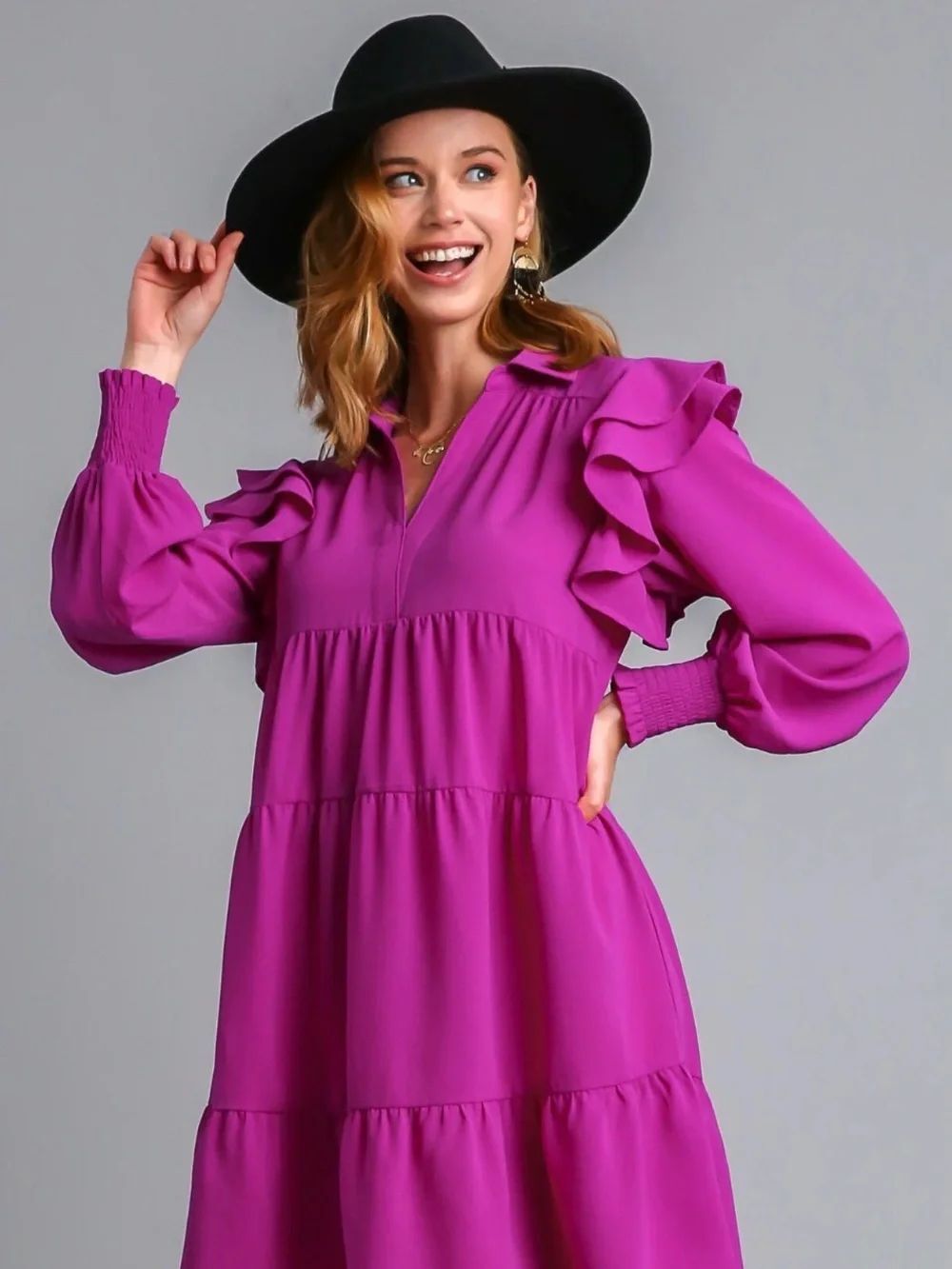 Umgee Tiered Ruffle Long Sleeve Maxi Dress